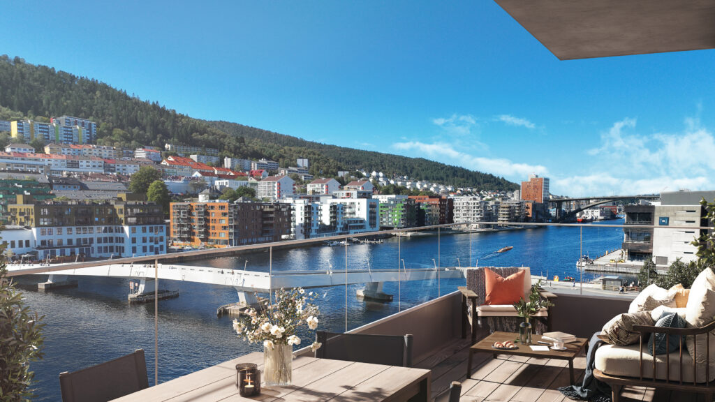 Visualisering av utsikten fra en balkong i boligprosjektet SJØ på Marineholmen.